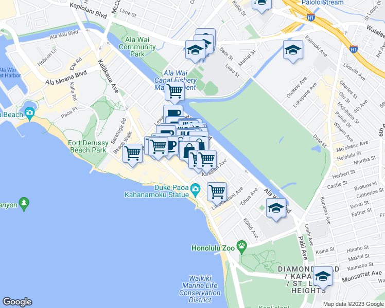 map of restaurants, bars, coffee shops, grocery stores, and more near 631 Kuhio Avenue in Honolulu