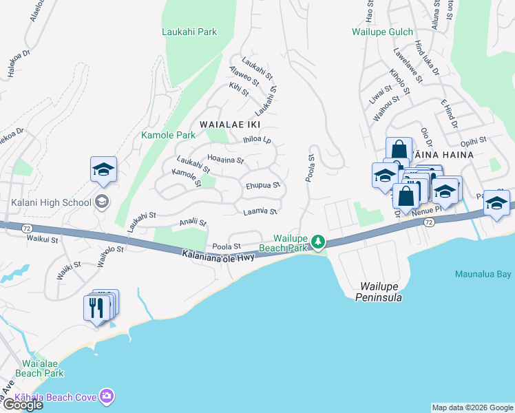 map of restaurants, bars, coffee shops, grocery stores, and more near 1434 Laamia Street in Honolulu