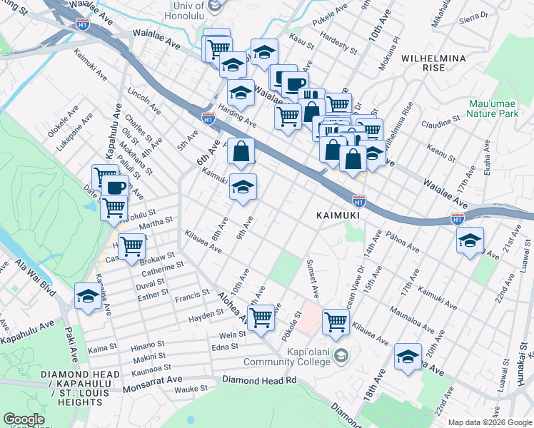 map of restaurants, bars, coffee shops, grocery stores, and more near 3465A Kaimuki Avenue in Honolulu
