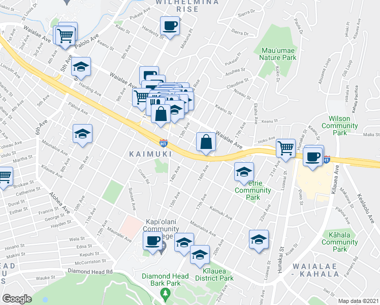 map of restaurants, bars, coffee shops, grocery stores, and more near 1045 14th Avenue in Honolulu