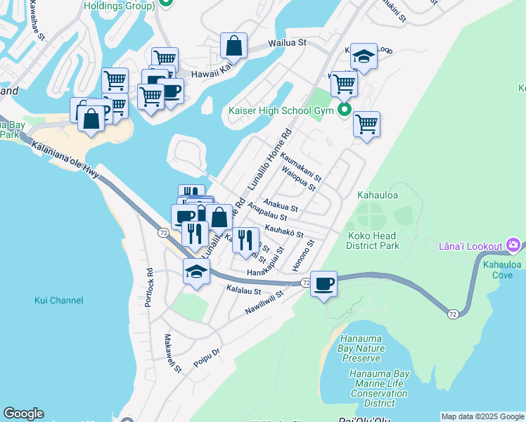 map of restaurants, bars, coffee shops, grocery stores, and more near 234 Anapalau Street in Honolulu
