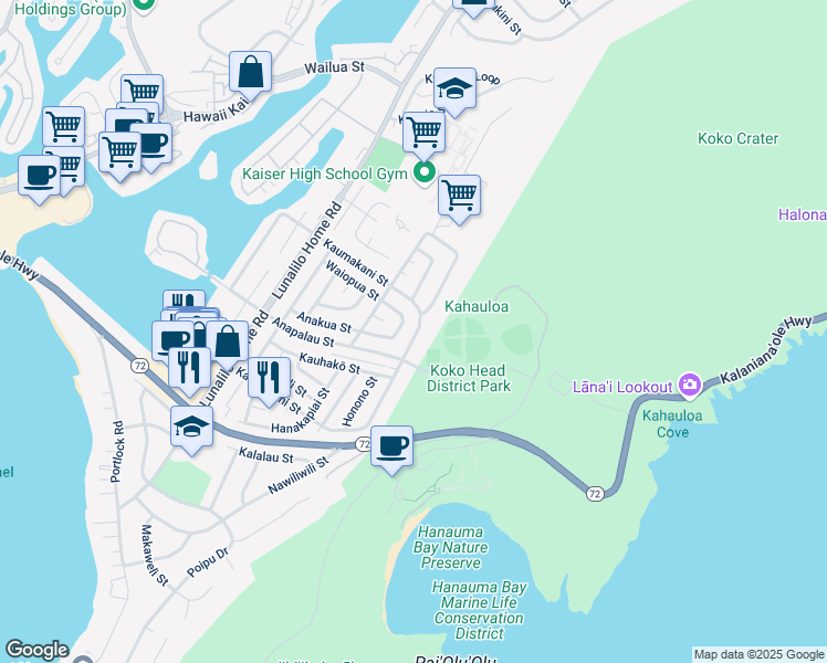 map of restaurants, bars, coffee shops, grocery stores, and more near 450 Kaumakani Street in Honolulu