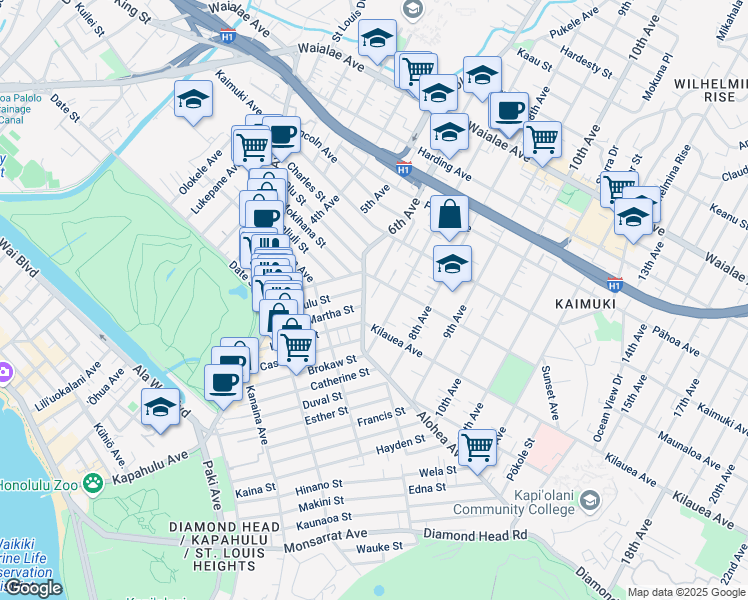 map of restaurants, bars, coffee shops, grocery stores, and more near 3341 Maunaloa Avenue in Honolulu