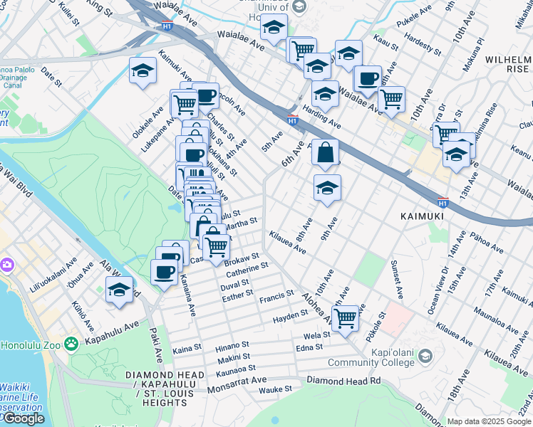 map of restaurants, bars, coffee shops, grocery stores, and more near 3341 Maunaloa Avenue in Honolulu
