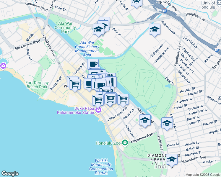 map of restaurants, bars, coffee shops, grocery stores, and more near 435 Walina Street in Honolulu