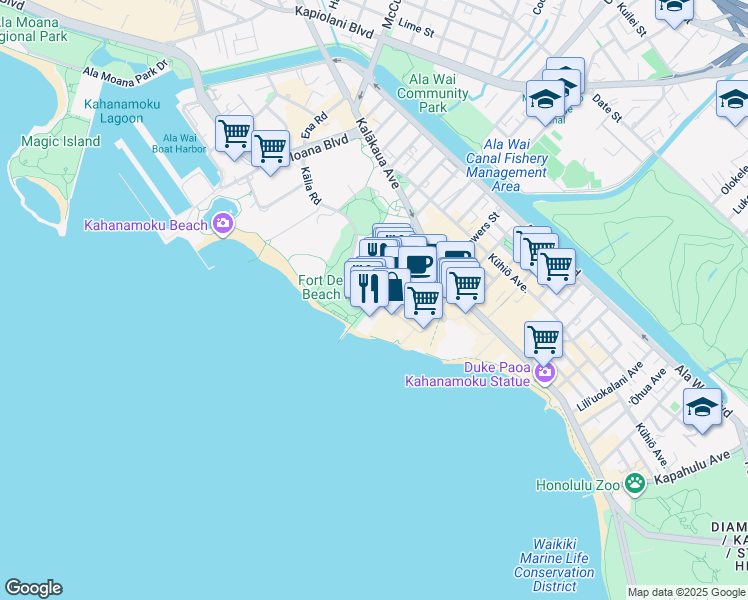 map of restaurants, bars, coffee shops, grocery stores, and more near 2131 Kalia Road in Honolulu