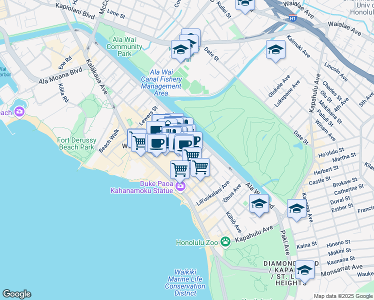 map of restaurants, bars, coffee shops, grocery stores, and more near 2330 Kuhio Avenue in Honolulu