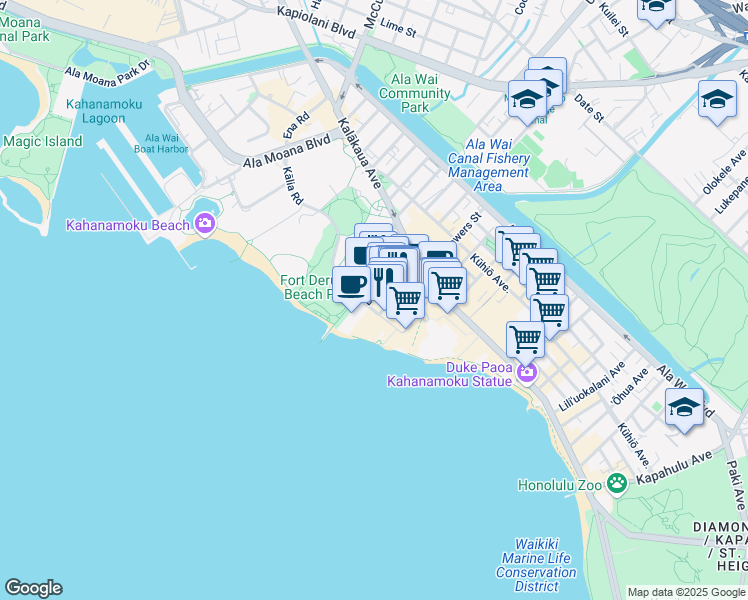 map of restaurants, bars, coffee shops, grocery stores, and more near 201 Beach Walk in Honolulu
