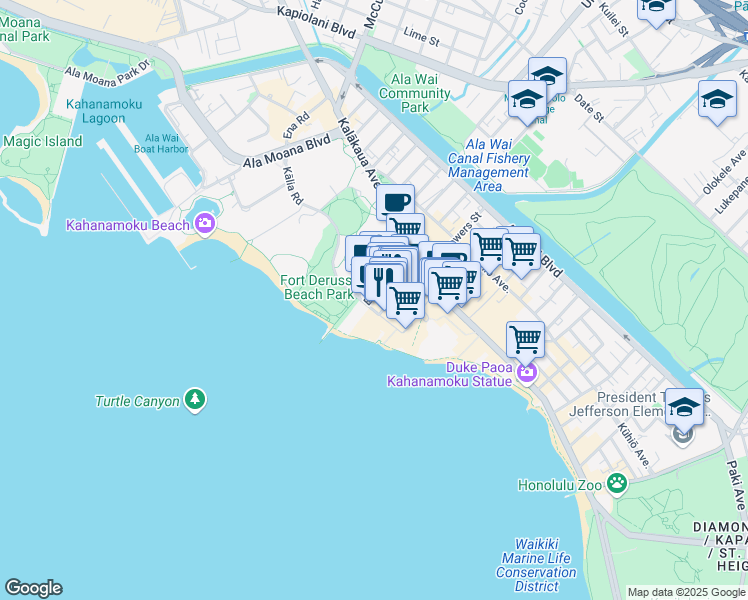 map of restaurants, bars, coffee shops, grocery stores, and more near 201 Beach Walk in Honolulu