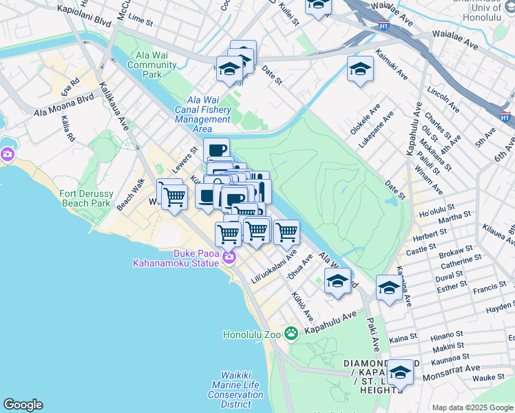 map of restaurants, bars, coffee shops, grocery stores, and more near 444 Kanekapolei Street in Honolulu