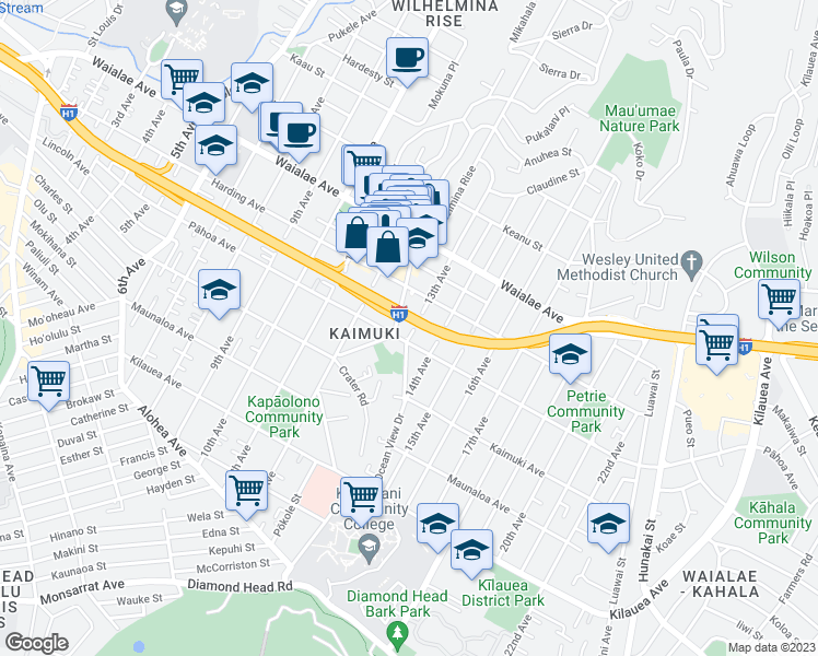 map of restaurants, bars, coffee shops, grocery stores, and more near 1020 13th Avenue in Honolulu