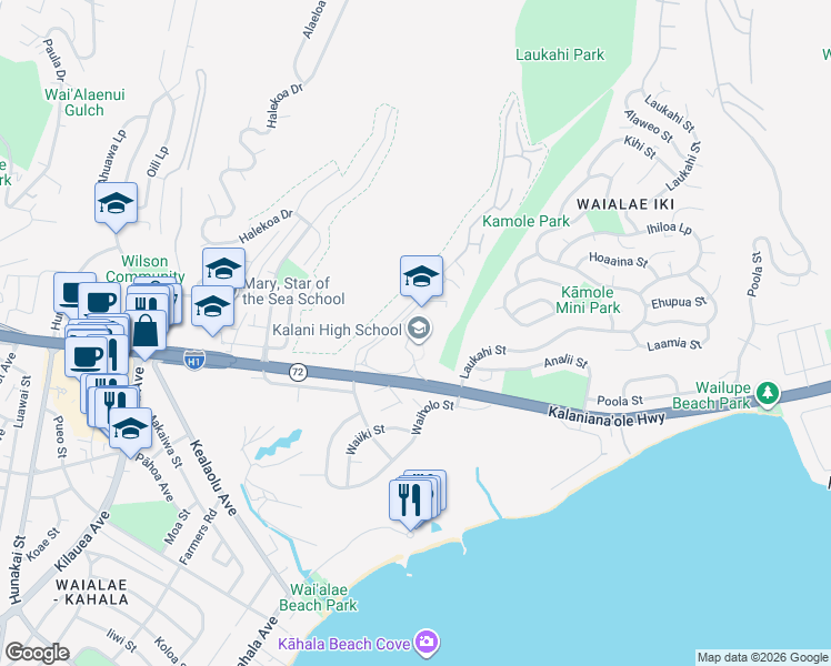 map of restaurants, bars, coffee shops, grocery stores, and more near 4680 Kalanianaʻole Highway in Honolulu