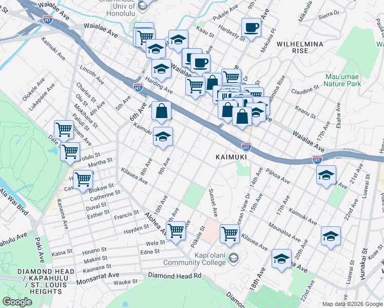 map of restaurants, bars, coffee shops, grocery stores, and more near 3510 Kaimuki Avenue in Honolulu