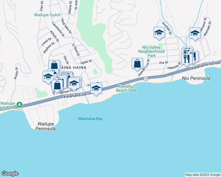 map of restaurants, bars, coffee shops, grocery stores, and more near 5415 Hawaii 72 in Honolulu