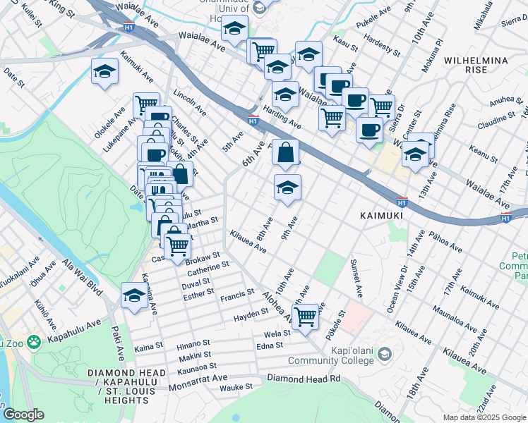 map of restaurants, bars, coffee shops, grocery stores, and more near 3384 Maunaloa Avenue in Honolulu