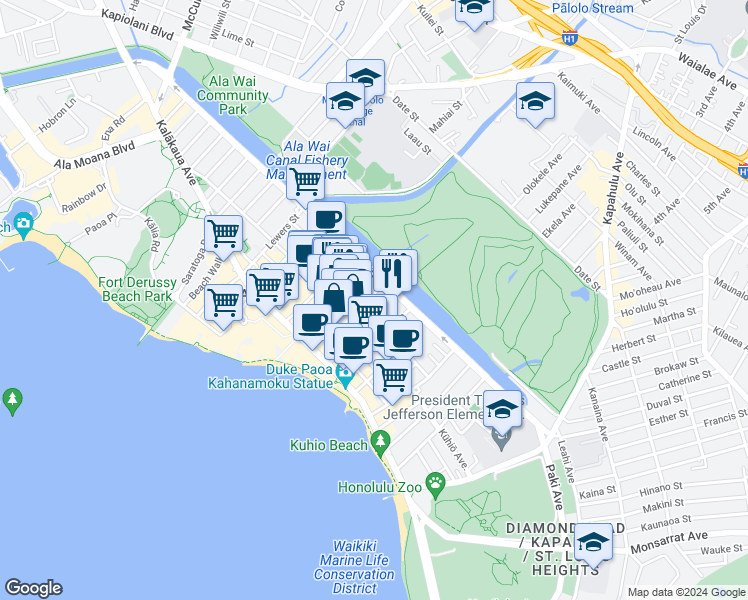 map of restaurants, bars, coffee shops, grocery stores, and more near 435 Walina Street in Honolulu