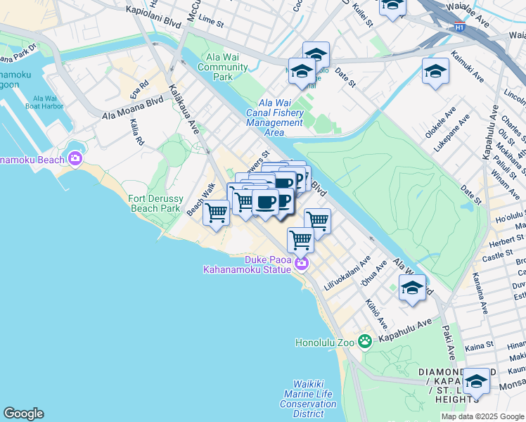 map of restaurants, bars, coffee shops, grocery stores, and more near 333 Seaside Avenue in Honolulu