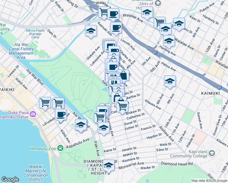 map of restaurants, bars, coffee shops, grocery stores, and more near Kapahulu Ave & Date St in Honolulu