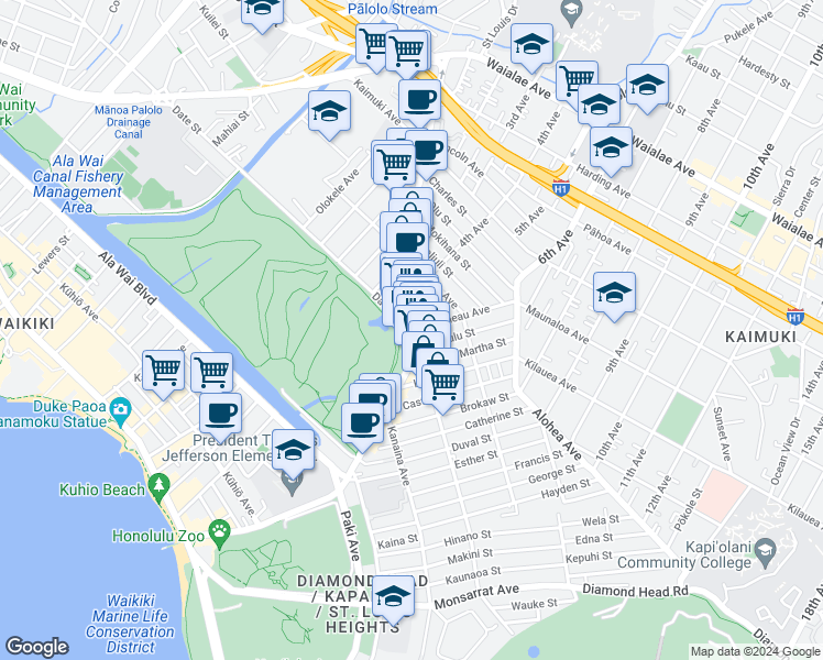 map of restaurants, bars, coffee shops, grocery stores, and more near 3103 Date Street in Honolulu