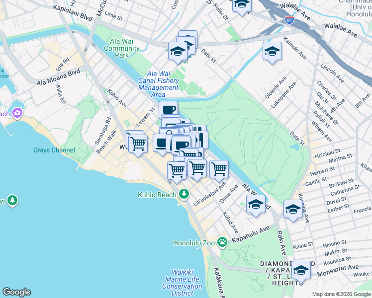 map of restaurants, bars, coffee shops, grocery stores, and more near 435 Walina Street in Honolulu