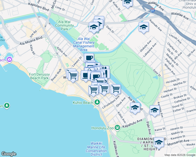 map of restaurants, bars, coffee shops, grocery stores, and more near 424 Walina Street in Honolulu
