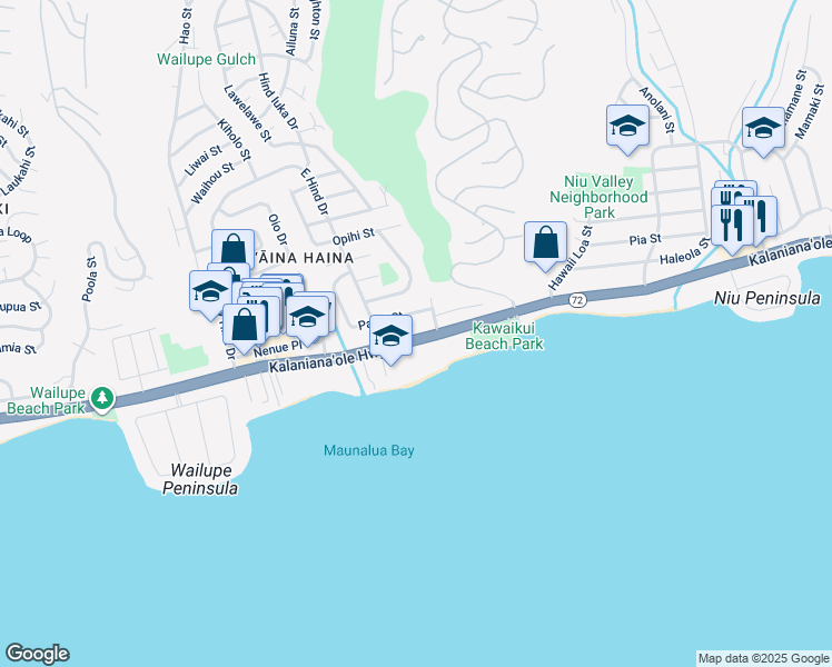 map of restaurants, bars, coffee shops, grocery stores, and more near 5415 Hawaii 72 in Honolulu