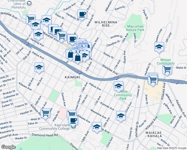 map of restaurants, bars, coffee shops, grocery stores, and more near 1045 14th Avenue in Honolulu
