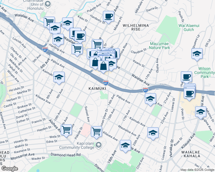 map of restaurants, bars, coffee shops, grocery stores, and more near 1020 13th Avenue in Honolulu