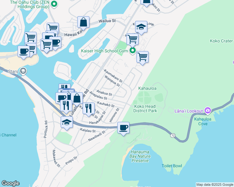 map of restaurants, bars, coffee shops, grocery stores, and more near 349 Kekupua Street in Honolulu