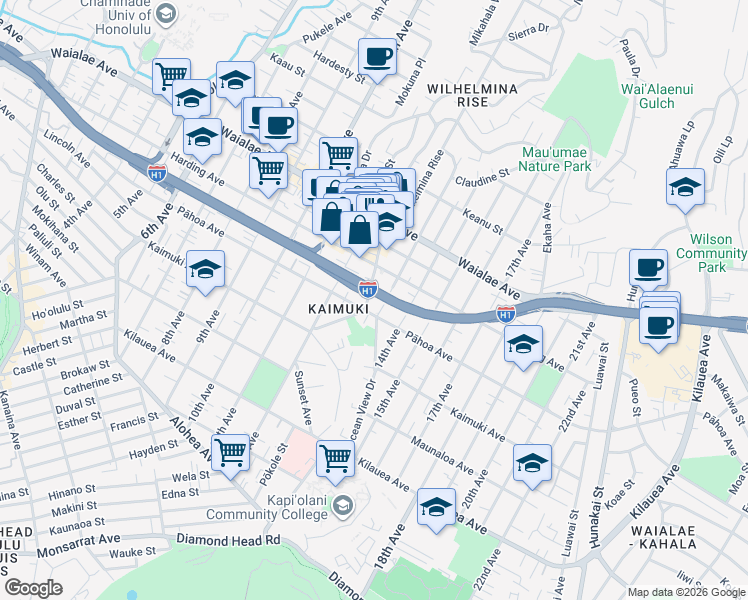 map of restaurants, bars, coffee shops, grocery stores, and more near 1020 13th Avenue in Honolulu