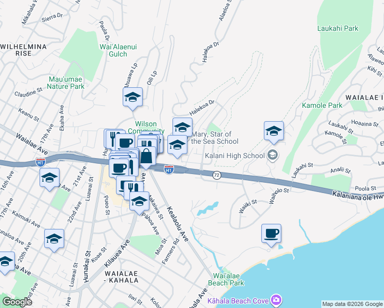 map of restaurants, bars, coffee shops, grocery stores, and more near 4477 Honokoa Place in Honolulu