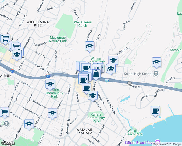 map of restaurants, bars, coffee shops, grocery stores, and more near 4300 Waialae Avenue in Honolulu