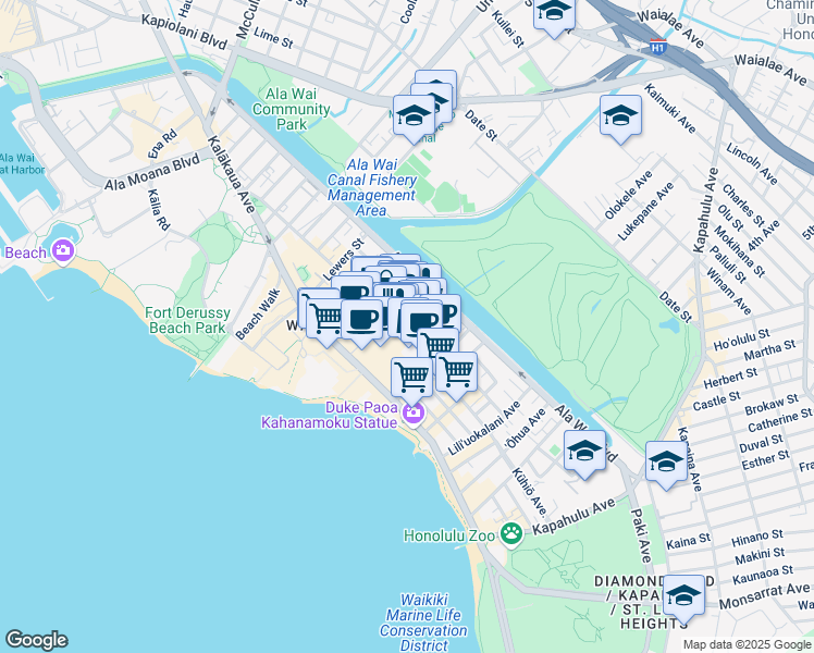 map of restaurants, bars, coffee shops, grocery stores, and more near in Honolulu