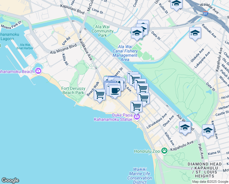map of restaurants, bars, coffee shops, grocery stores, and more near 2250 Kalakaua Avenue in Honolulu