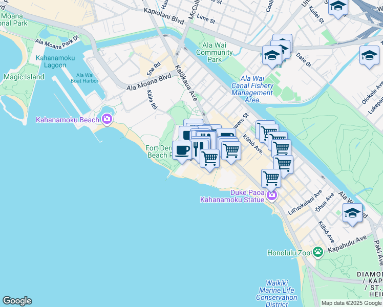 map of restaurants, bars, coffee shops, grocery stores, and more near 226 Lewers Street in Honolulu