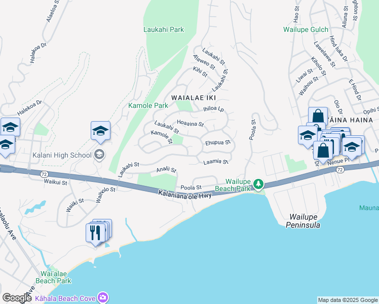 map of restaurants, bars, coffee shops, grocery stores, and more near 1417 Laukahi Street in Honolulu