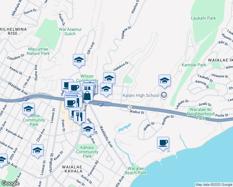 map of restaurants, bars, coffee shops, grocery stores, and more near 4486 Aliikoa Street in Honolulu