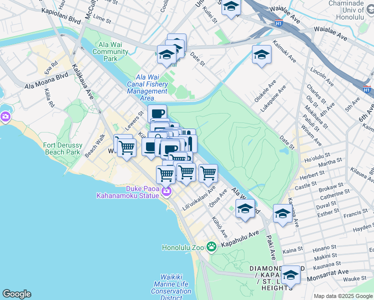 map of restaurants, bars, coffee shops, grocery stores, and more near 435 Walina Street in Honolulu
