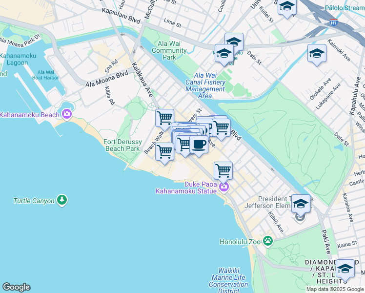 map of restaurants, bars, coffee shops, grocery stores, and more near in Honolulu