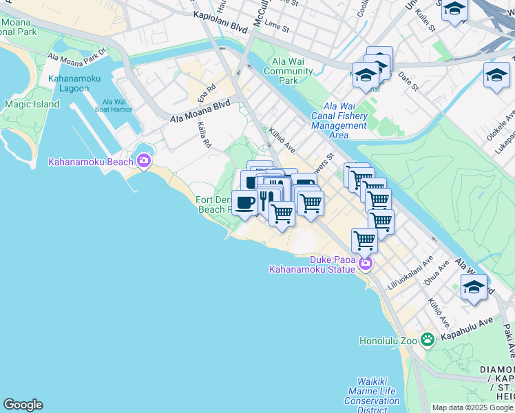 map of restaurants, bars, coffee shops, grocery stores, and more near 226 Lewers Street in Honolulu