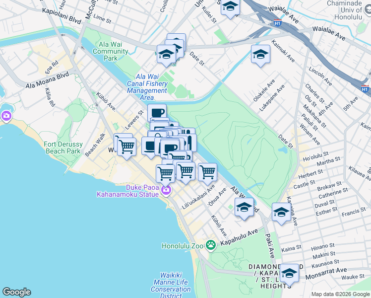 map of restaurants, bars, coffee shops, grocery stores, and more near 435 Walina Street in Honolulu