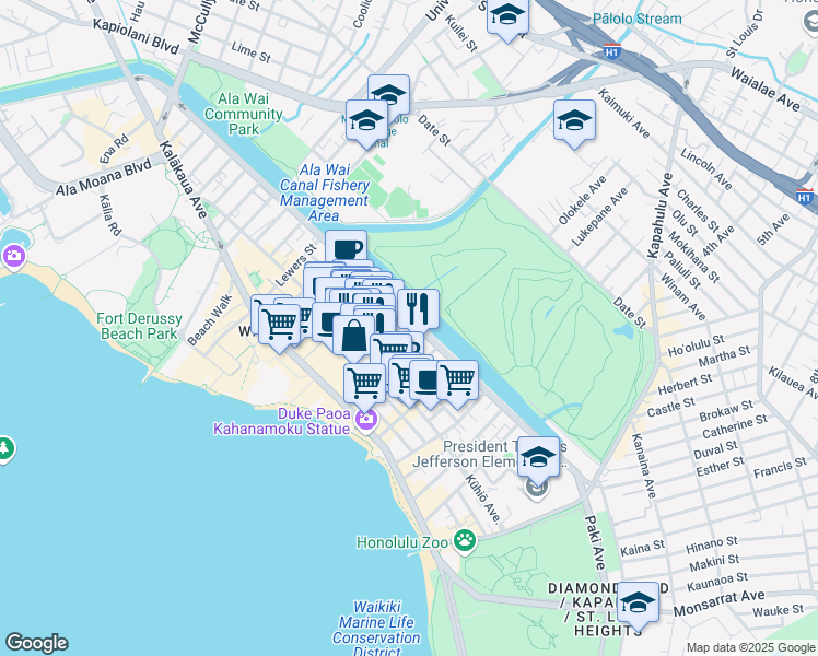 map of restaurants, bars, coffee shops, grocery stores, and more near 435 Walina Street in Honolulu
