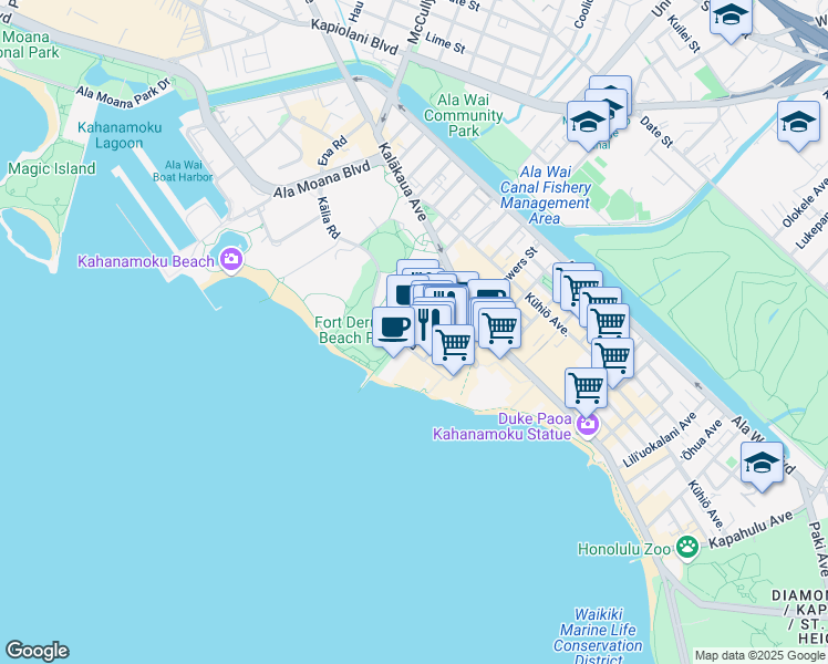 map of restaurants, bars, coffee shops, grocery stores, and more near 226 Lewers Street in Honolulu
