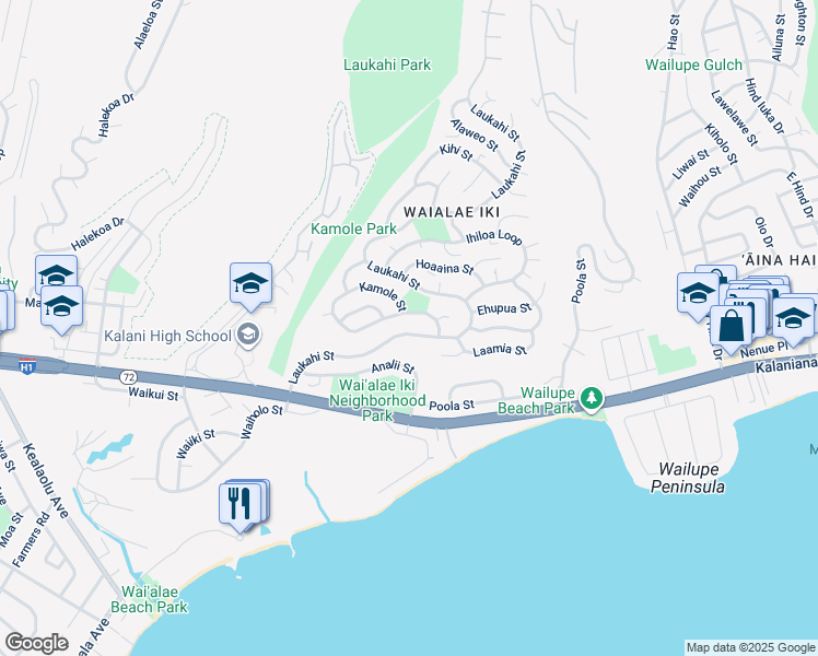 map of restaurants, bars, coffee shops, grocery stores, and more near 1356 Laukahi Street in Honolulu