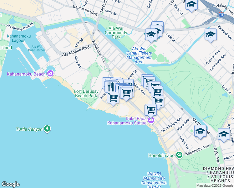 map of restaurants, bars, coffee shops, grocery stores, and more near 2201 Kalākaua Avenue in Honolulu