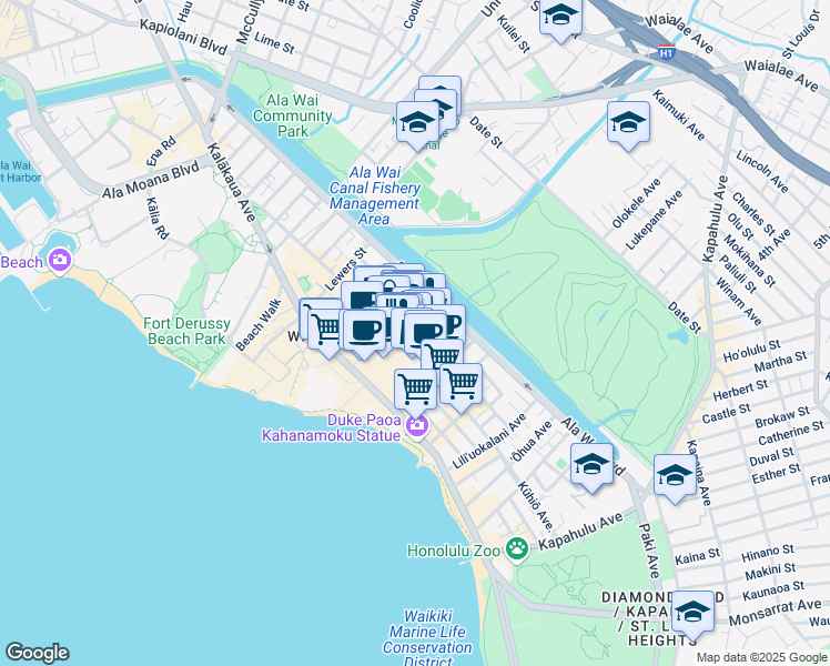 map of restaurants, bars, coffee shops, grocery stores, and more near 410 Nahua Street in Honolulu