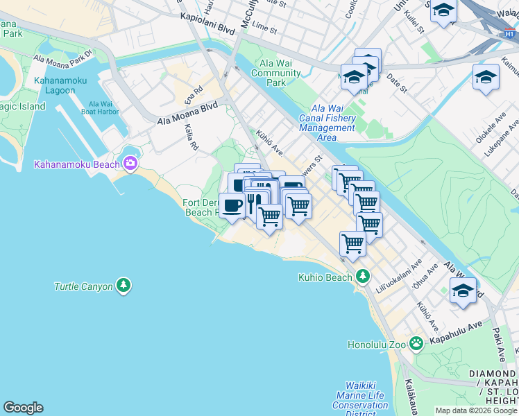 map of restaurants, bars, coffee shops, grocery stores, and more near 226 Lewers Street in Honolulu
