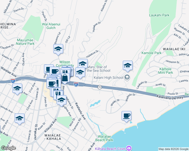 map of restaurants, bars, coffee shops, grocery stores, and more near 1249 Ainakoa Avenue in Honolulu