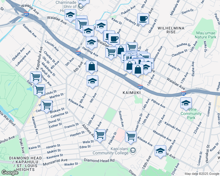map of restaurants, bars, coffee shops, grocery stores, and more near 912 11th Avenue in Honolulu