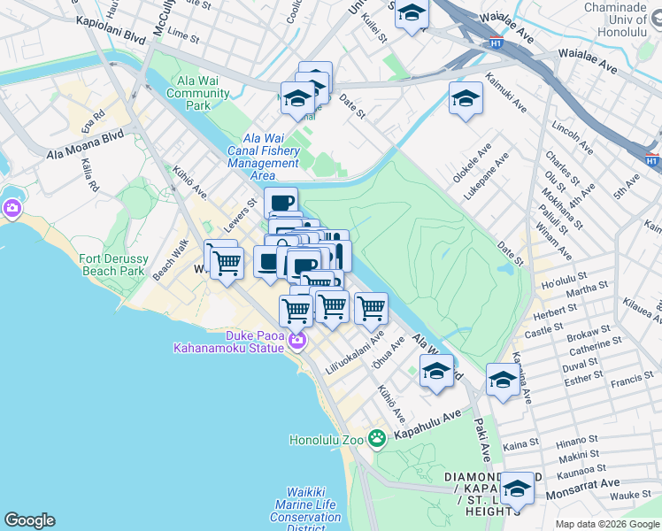map of restaurants, bars, coffee shops, grocery stores, and more near 435 Walina Street in Honolulu
